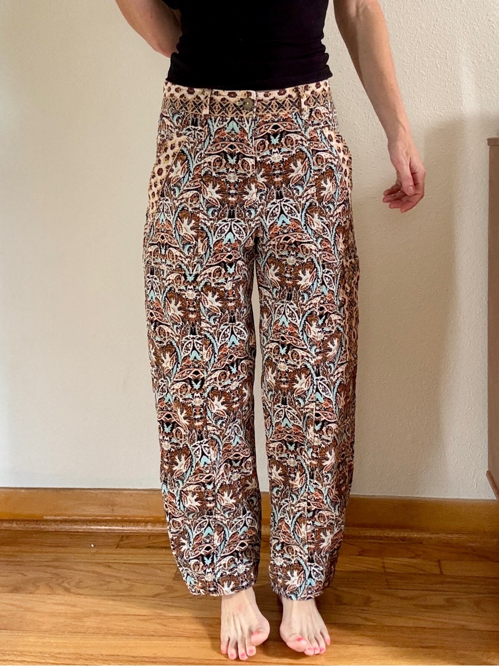 Anthropologie Corduroy Barrel Pants 2 Retro Paisley Brown Wide Leg Cargo Boho